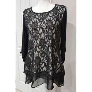 ✨Gold & Black Lace Sheer Tunic Blouse Size Small